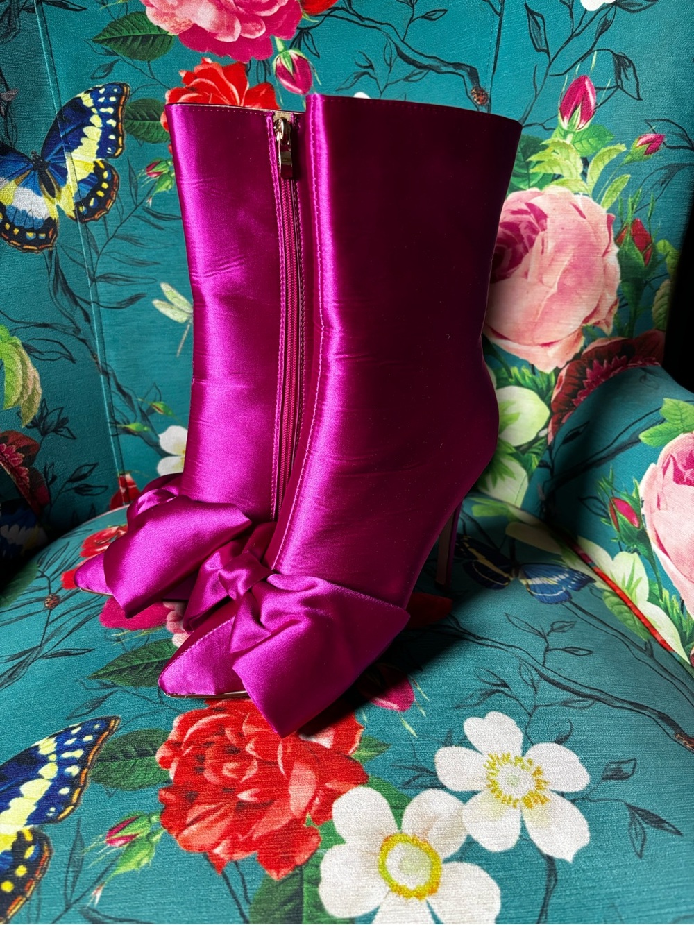 Hot Pink Satin Ankle Booties with Bow - Women